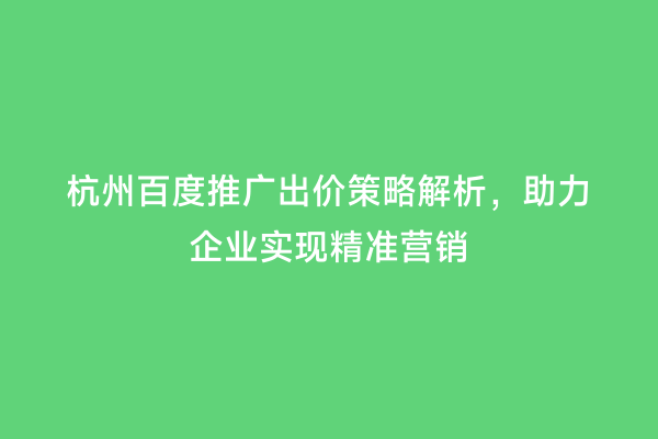 杭州百度推广出价策略解析，助力企业实现精准营销