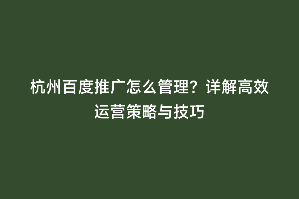杭州百度推广怎么管理？详解高效运营策略与技巧