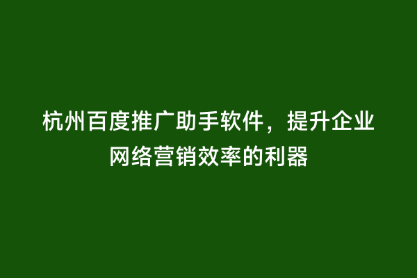 杭州百度推广助手软件，提升企业网络营销效率的利器