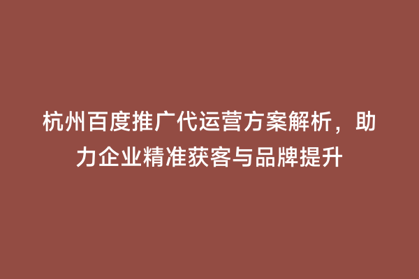 杭州百度推广代运营方案解析，助力企业精准获客与品牌提升