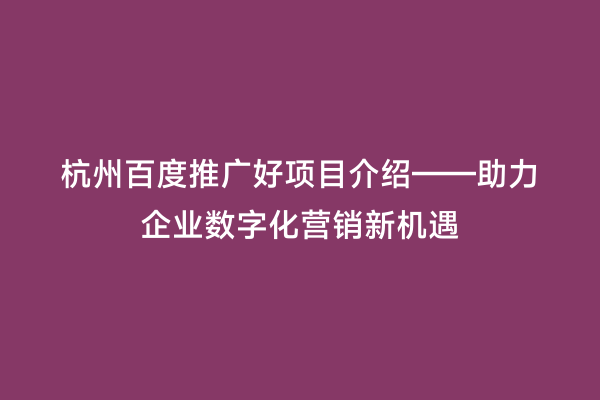 杭州百度推广好项目介绍——助力企业数字化营销新机遇